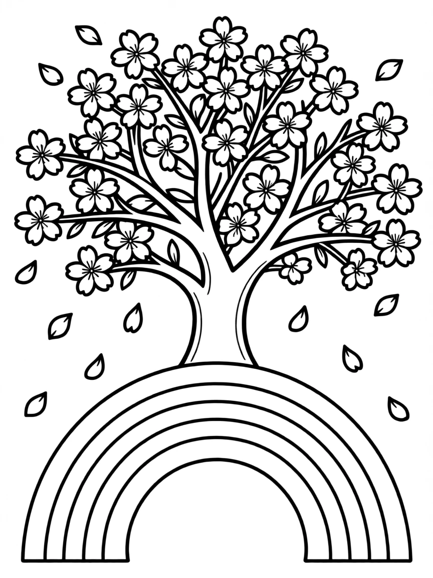 A cherry blossom tree with falling petals under a rainbow