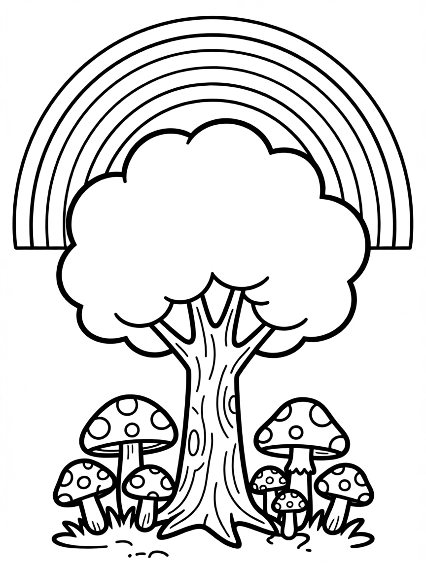 A mushroom patch under a tree under a rainbow