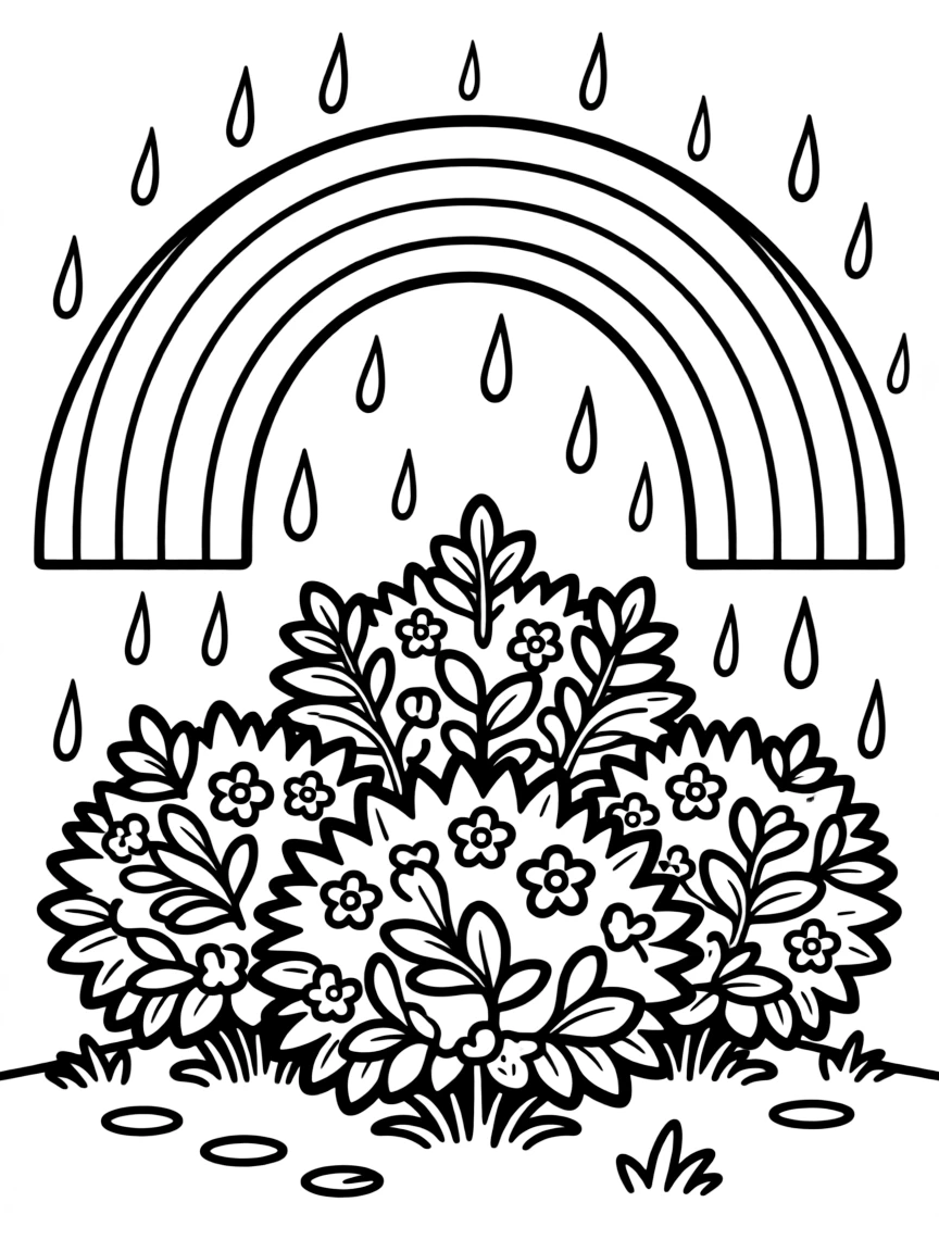 A scene of rain falling on a group of shrubs under a rainbow under a rainbow