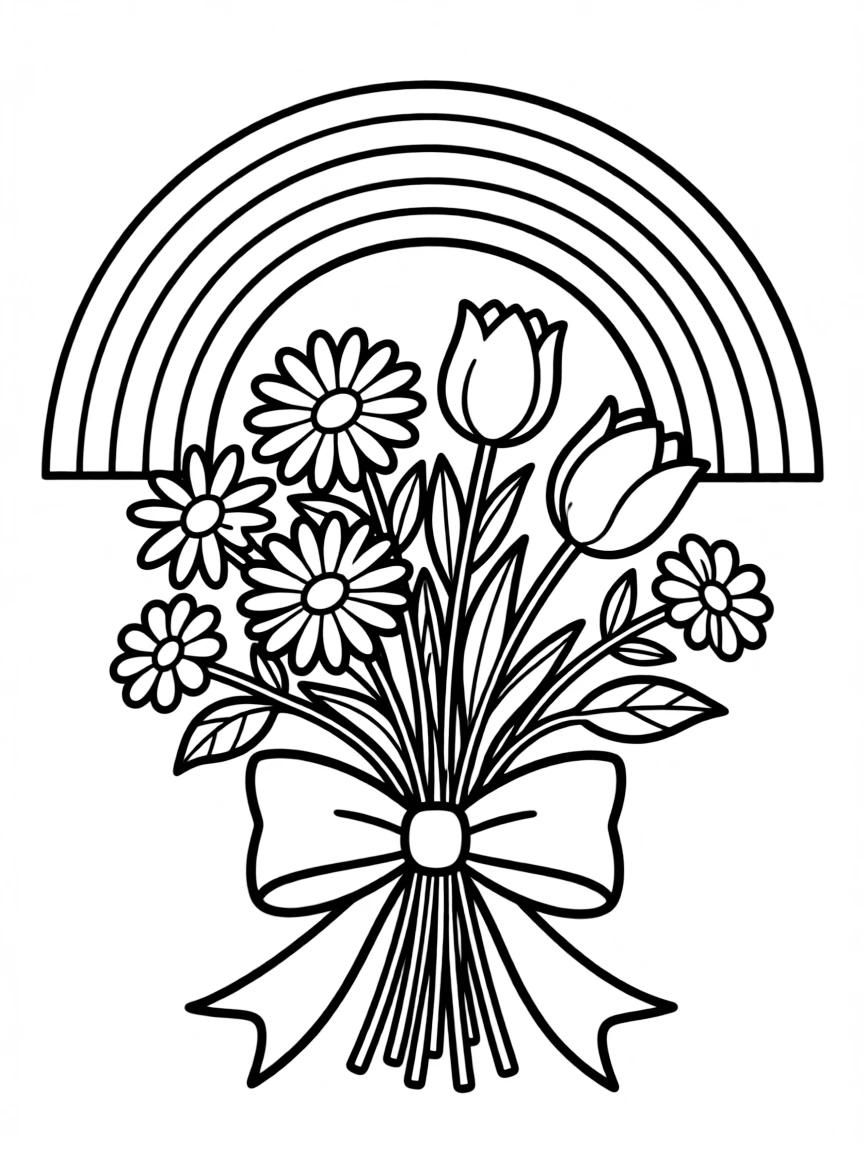 A bunch of wildblossoms tied with a bow under a rainbow