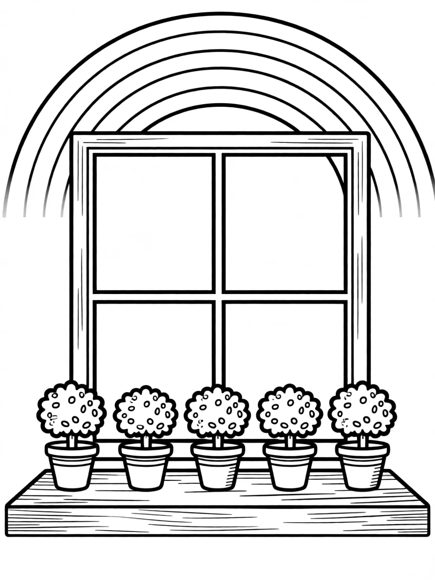 A row of potted houseshrubs on a windowsill under a rainbow