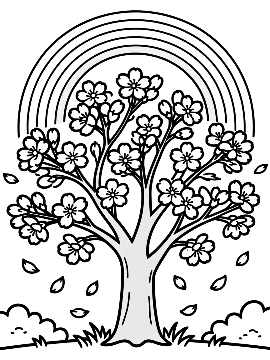 A cherry blossom tree with falling petals under a rainbow under a rainbow