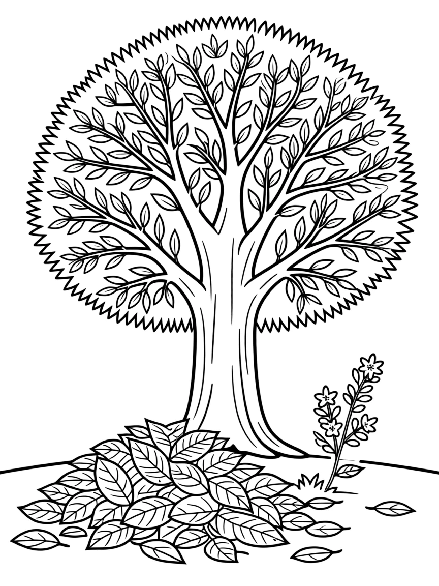 A leaf pile under a tree with blossoms nearby