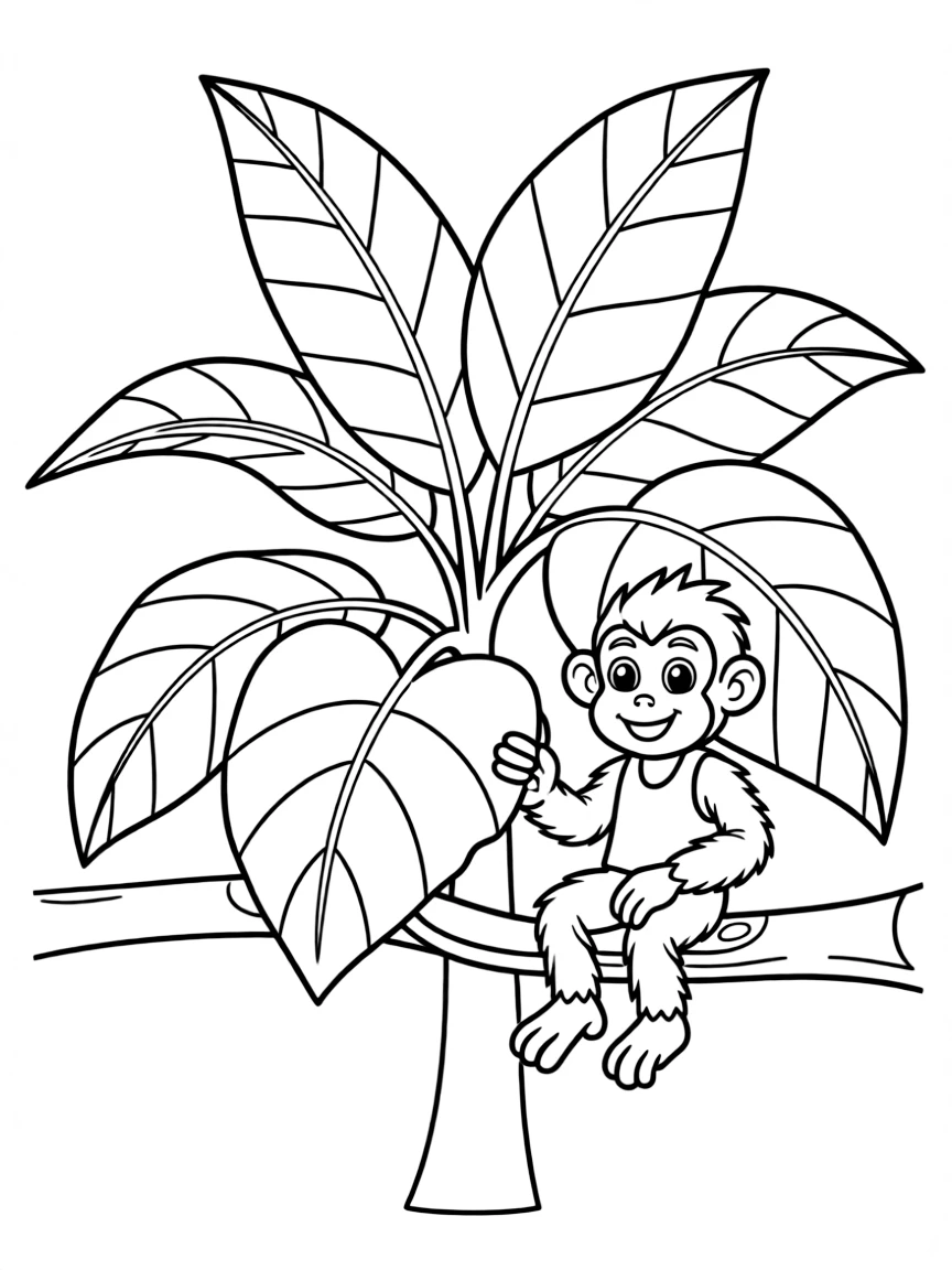 A jungle shrub with giant leaves and a monkey