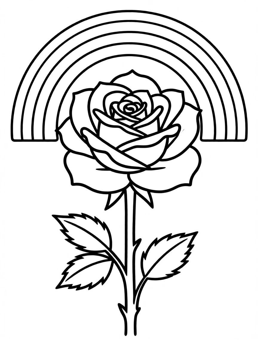 A close-up of a rose and its stem under a rainbow