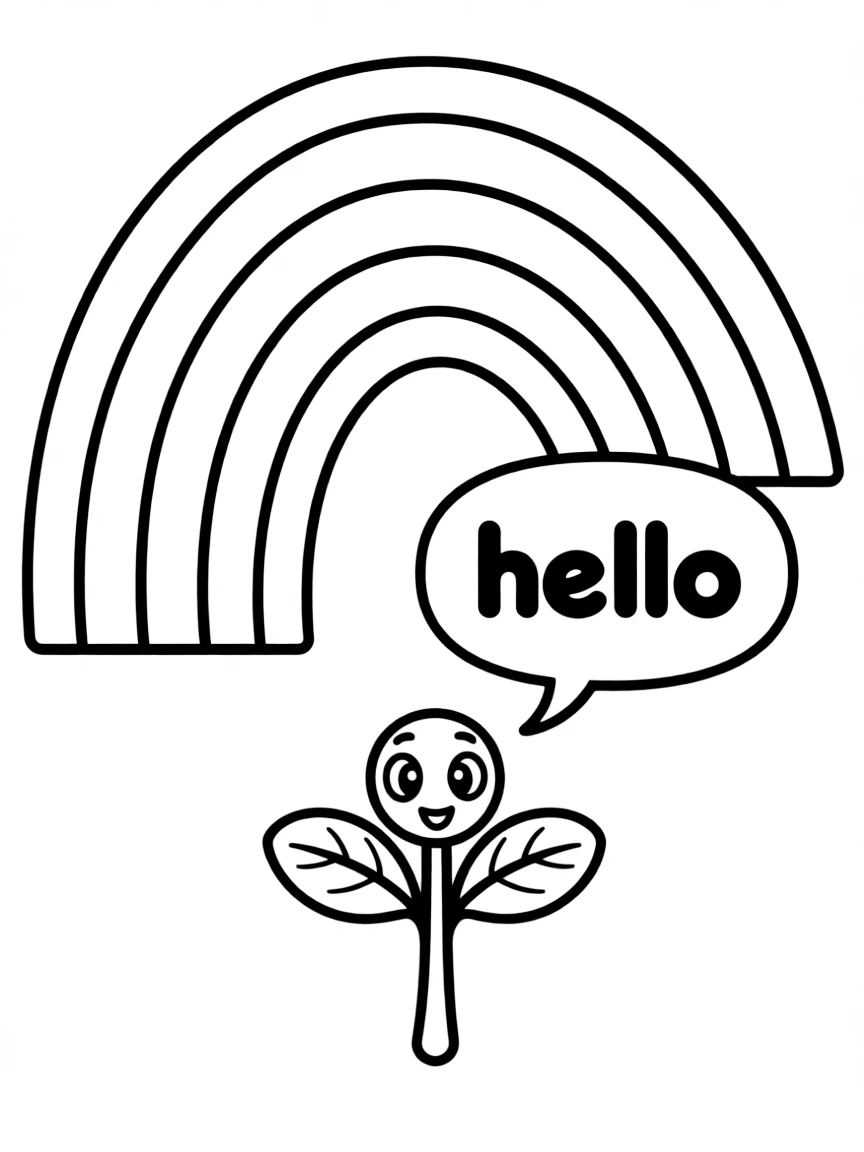 A tiny sprout saying 'hello' with a speech bubble under a rainbow under a rainbow