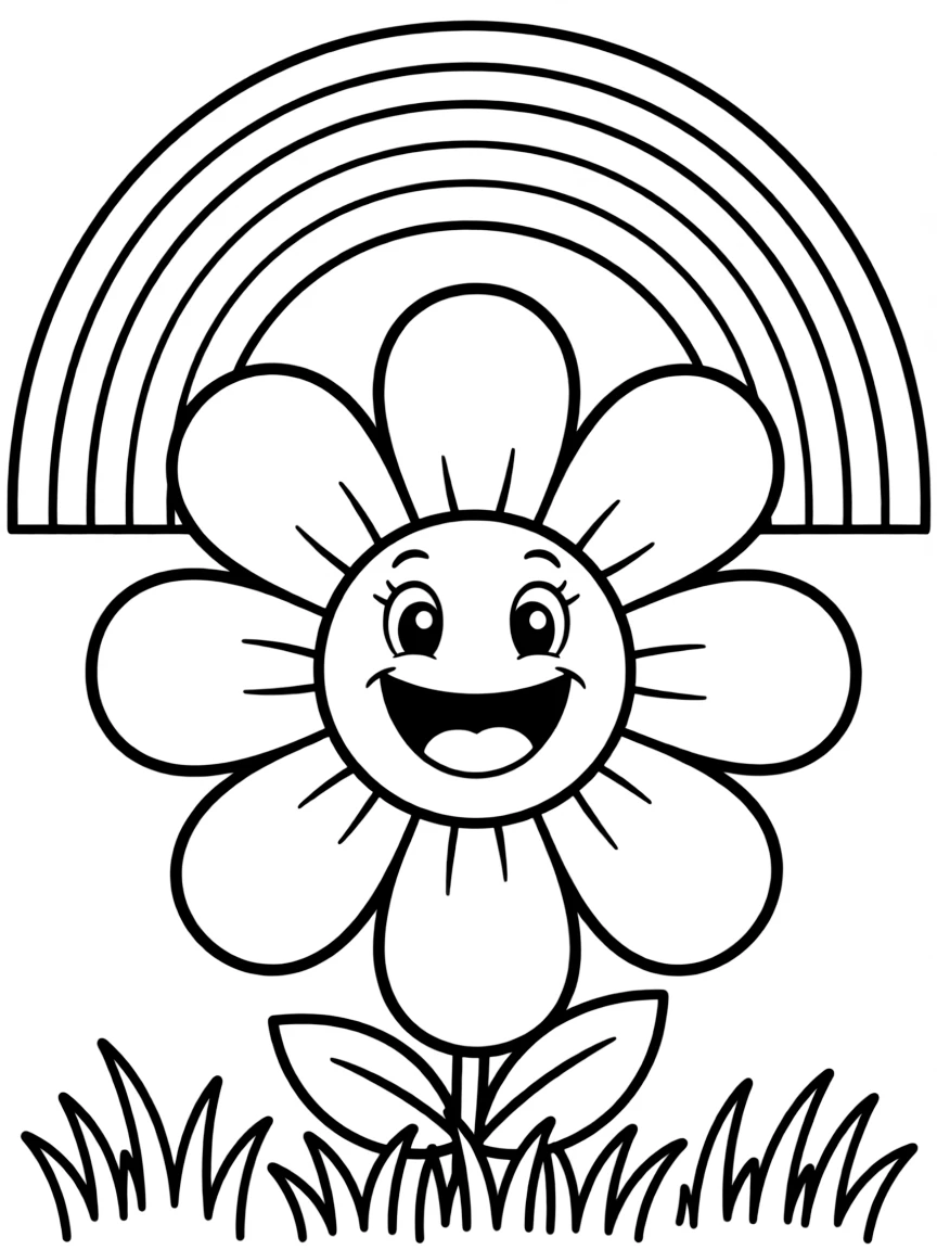 A happy blossom with cartoon eyes and a smile under a rainbow under a rainbow