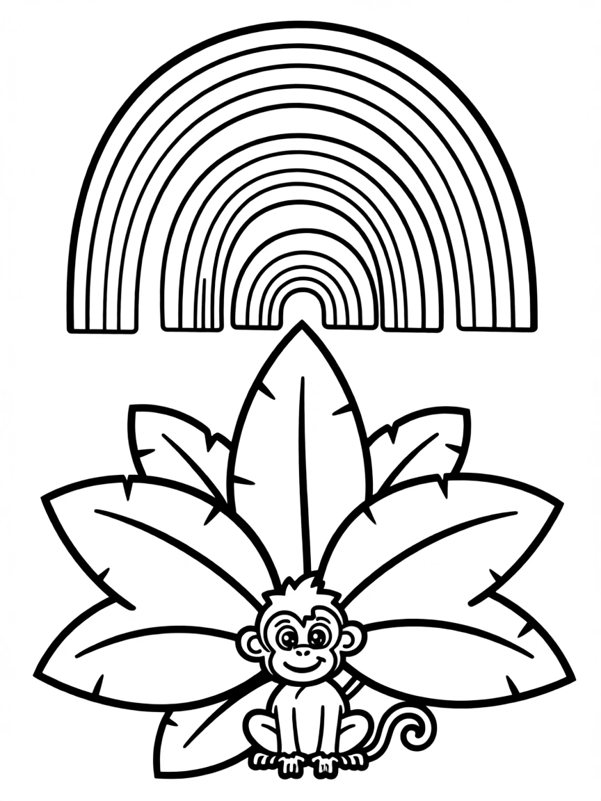 A jungle shrub with giant leaves and a monkey under a rainbow under a rainbow under a rainbow