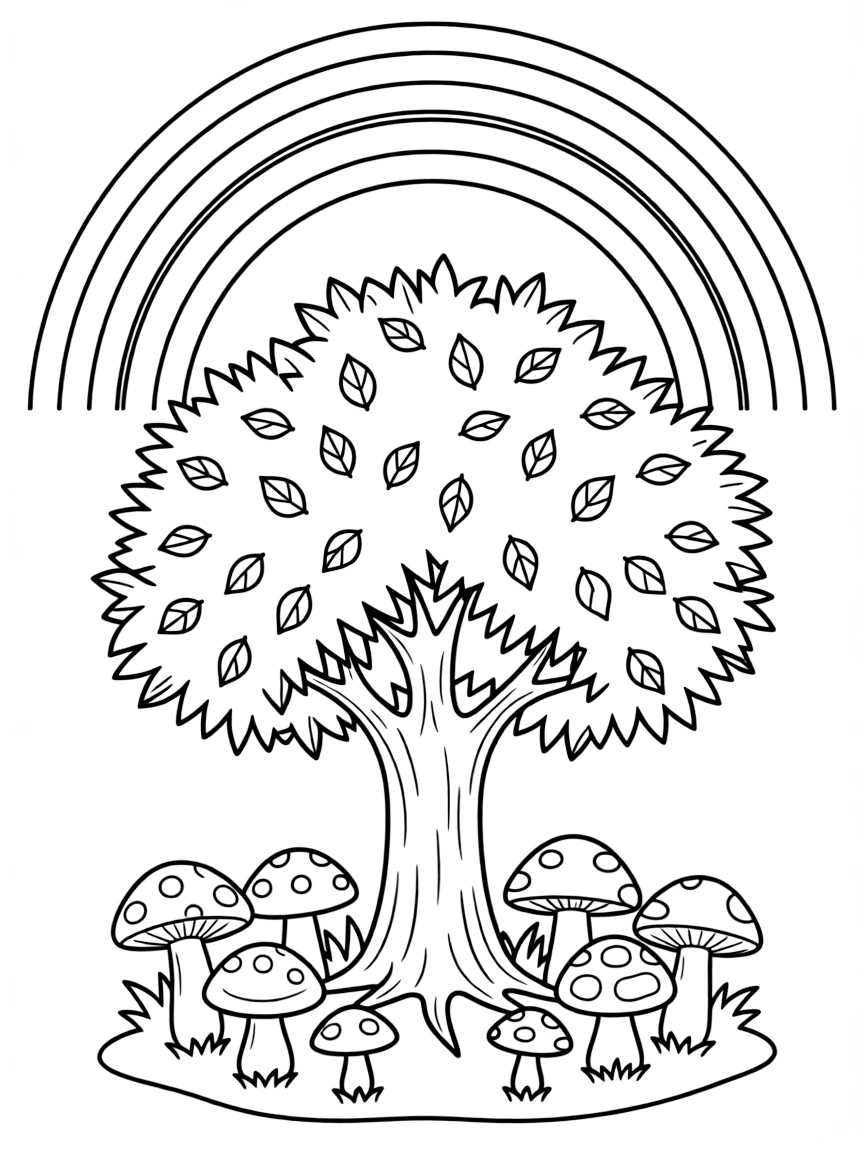 A mushroom patch under a tree under a rainbow