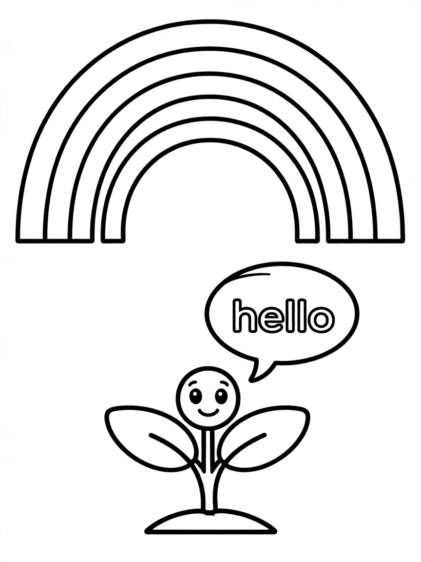 A tiny sprout saying 'hello' with a speech bubble under a rainbow under a rainbow