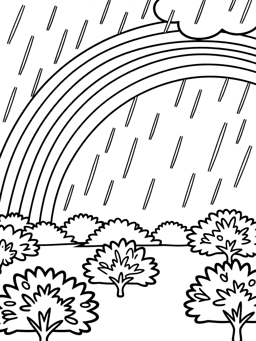 A scene of rain falling on a group of shrubs under a rainbow under a rainbow