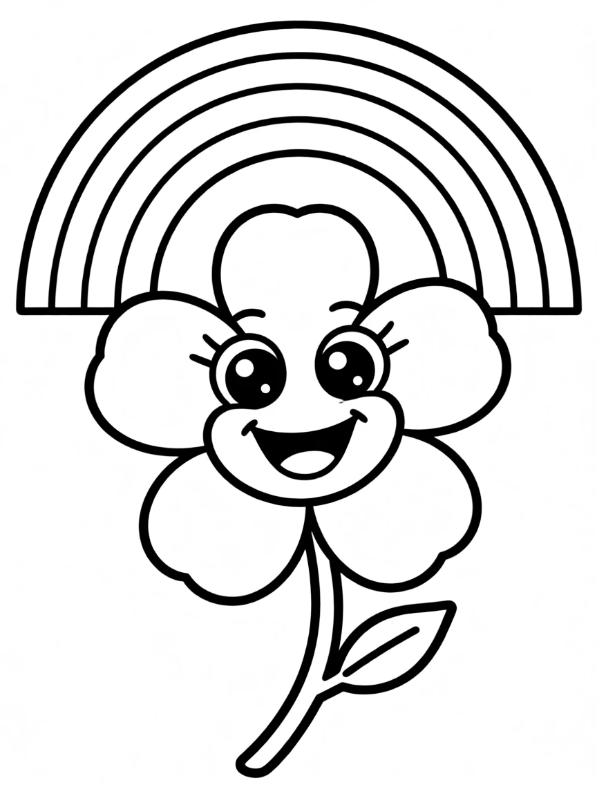 A happy blossom with cartoon eyes and a smile under a rainbow under a rainbow