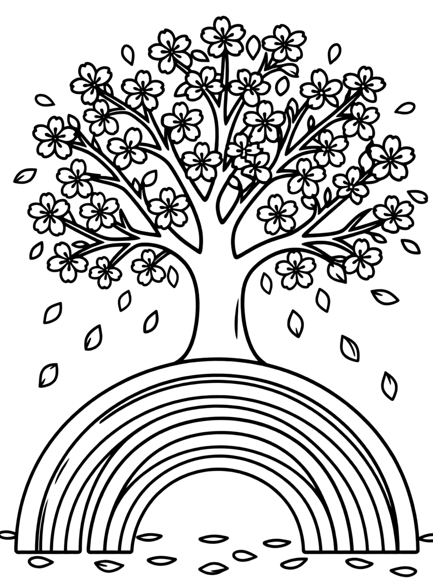 A cherry blossom tree with falling petals under a rainbow under a rainbow under a rainbow