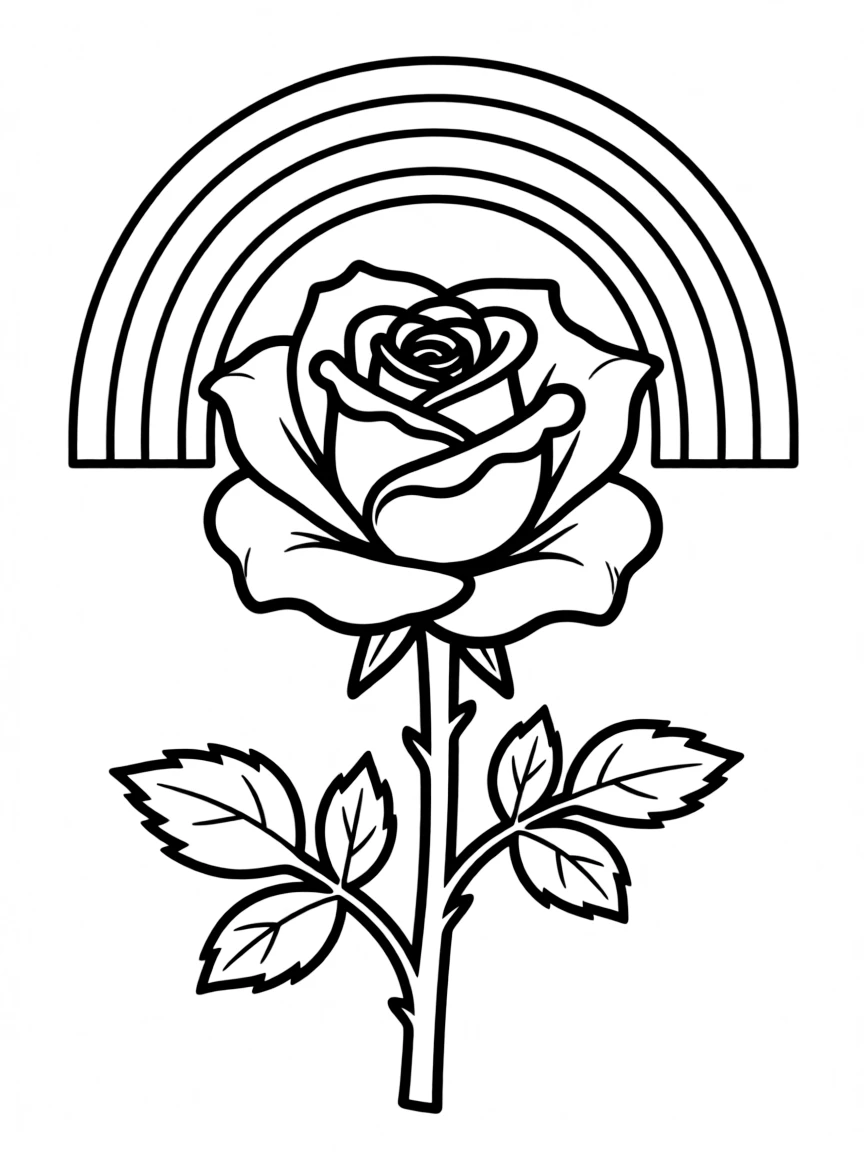A close-up of a rose and its stem under a rainbow under a rainbow