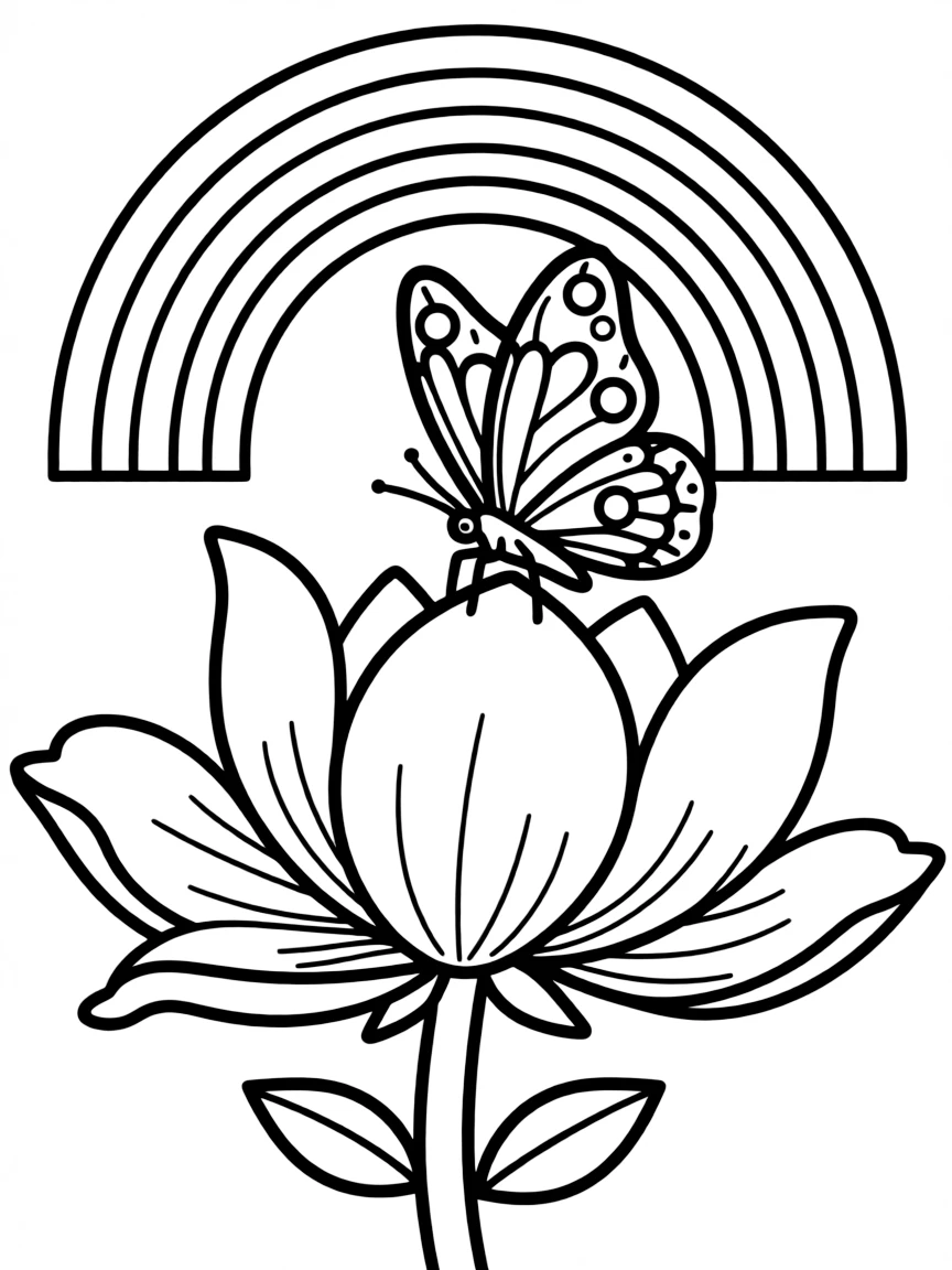 A butterfly landing on a blossom in bloom under a rainbow