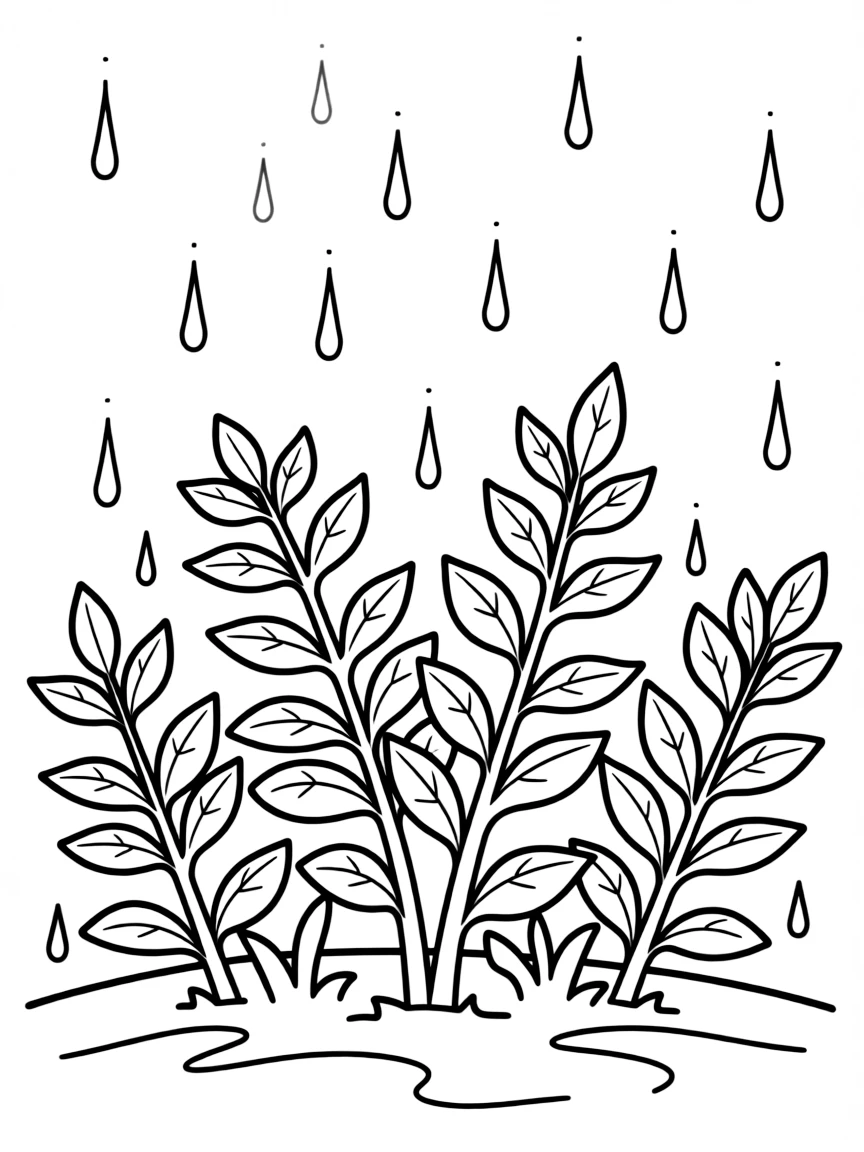 A scene of rain falling on a group of shrubs