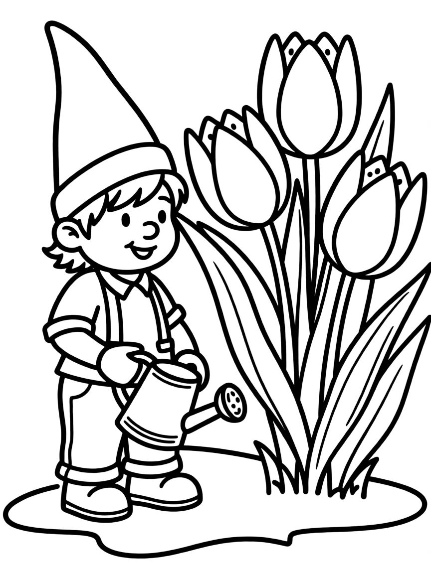 A meadow gnome standing beside a tulip patch