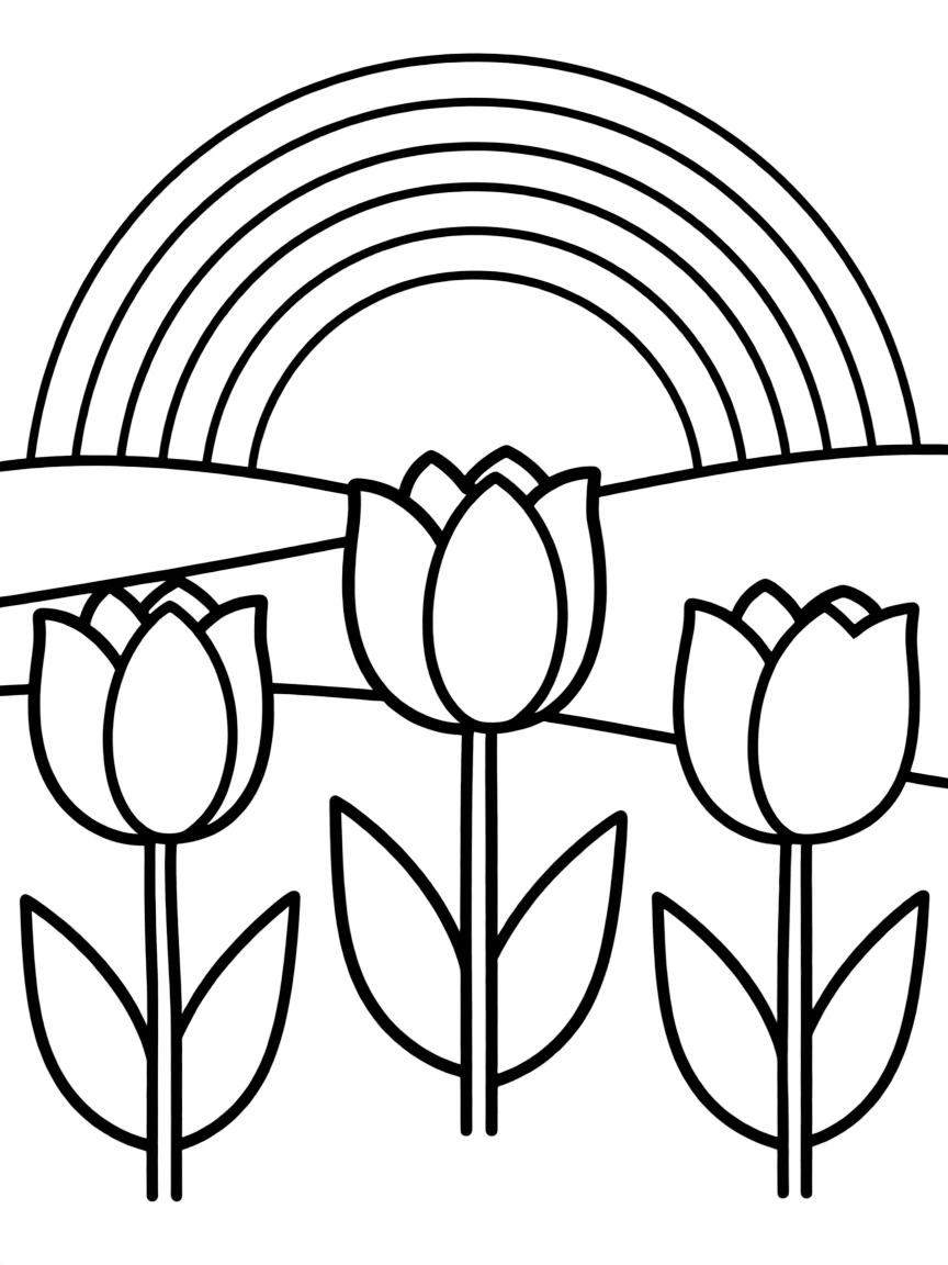 A meadow with three tulips in different colors, each with big leaves under a rainbow