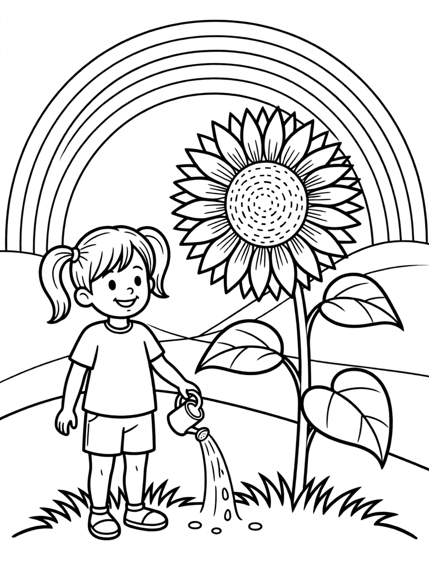 A child watering a sunblossom in the meadow under a rainbow