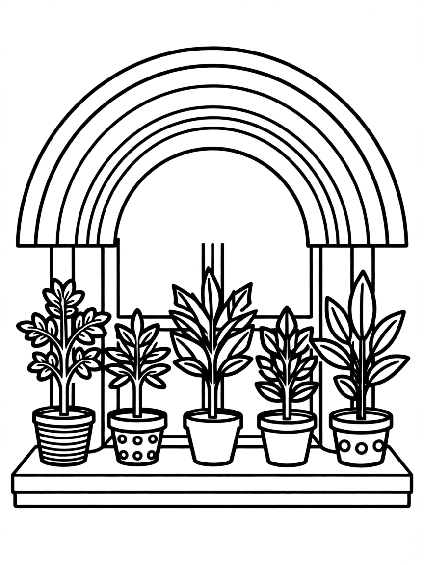 A row of potted houseshrubs on a windowsill under a rainbow