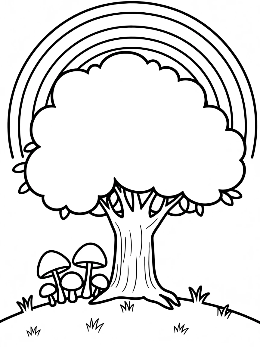 A mushroom patch under a tree under a rainbow