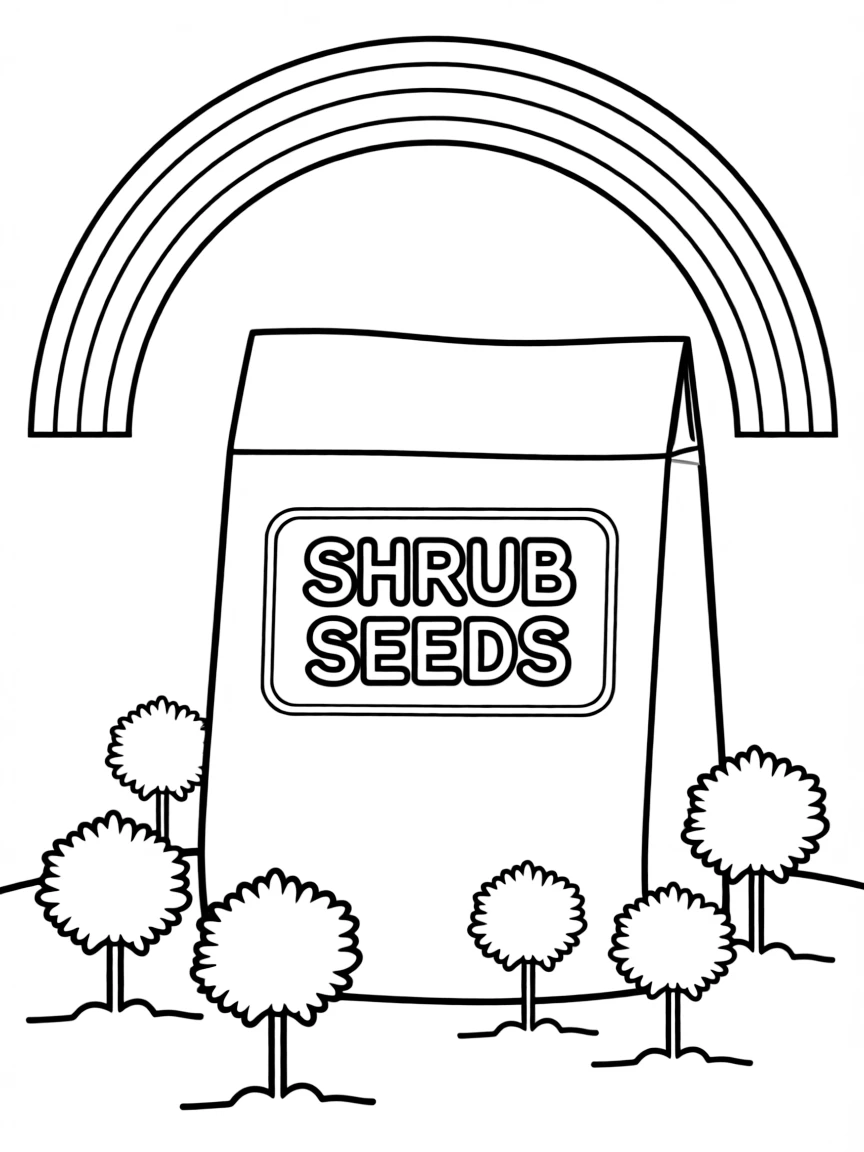A seed packet with shrubs growing around it under a rainbow