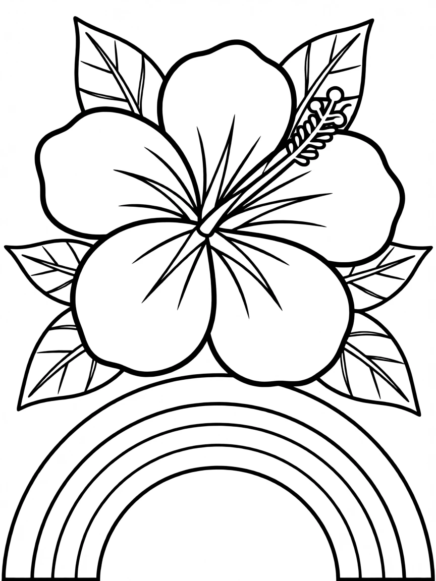 A tropical hibiscus blossom with large petals under a rainbow