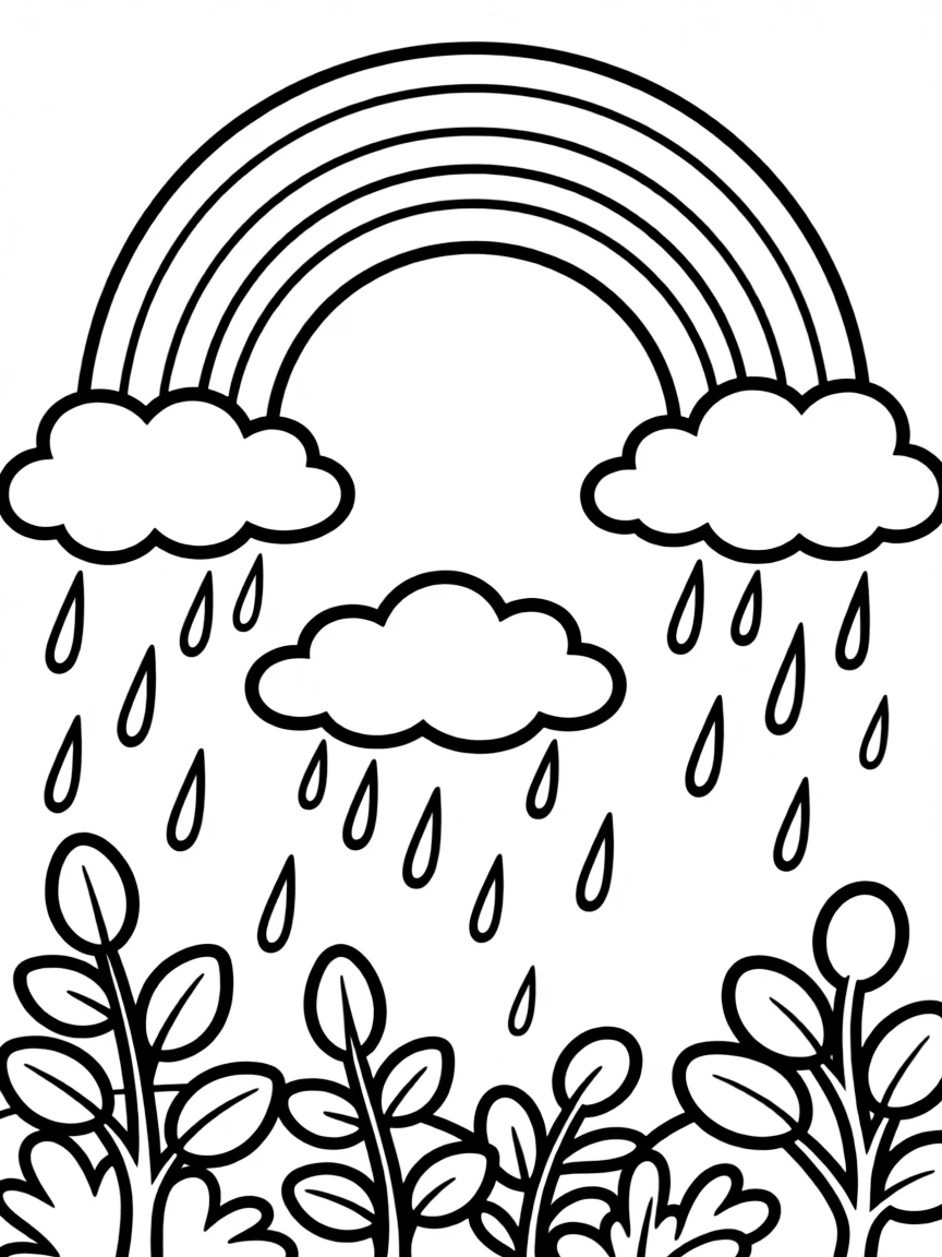 A scene of rain falling on a group of shrubs under a rainbow under a rainbow