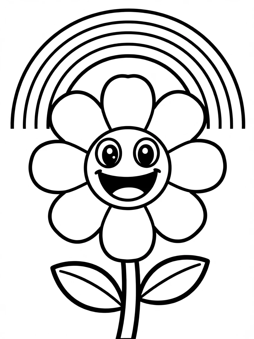 A happy blossom with cartoon eyes and a smile under a rainbow