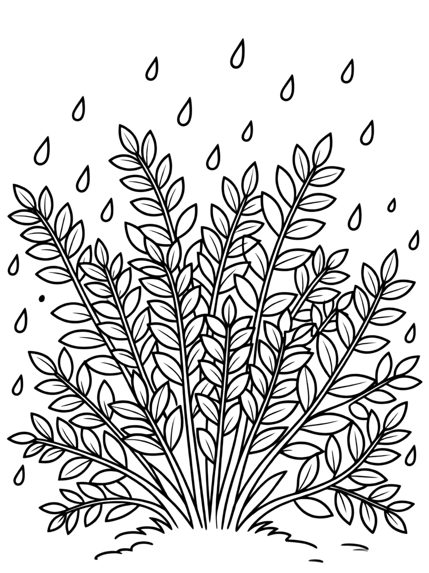 A scene of rain falling on a group of shrubs