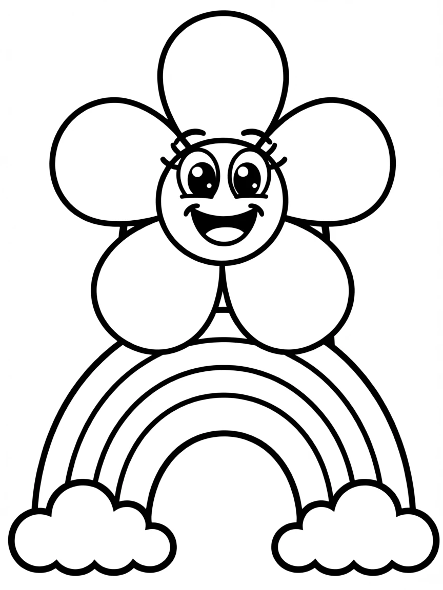 A happy blossom with cartoon eyes and a smile under a rainbow under a rainbow