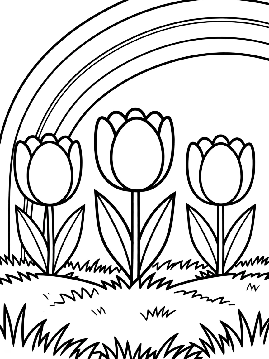 A meadow with three tulips in different colors, each with big leaves under a rainbow