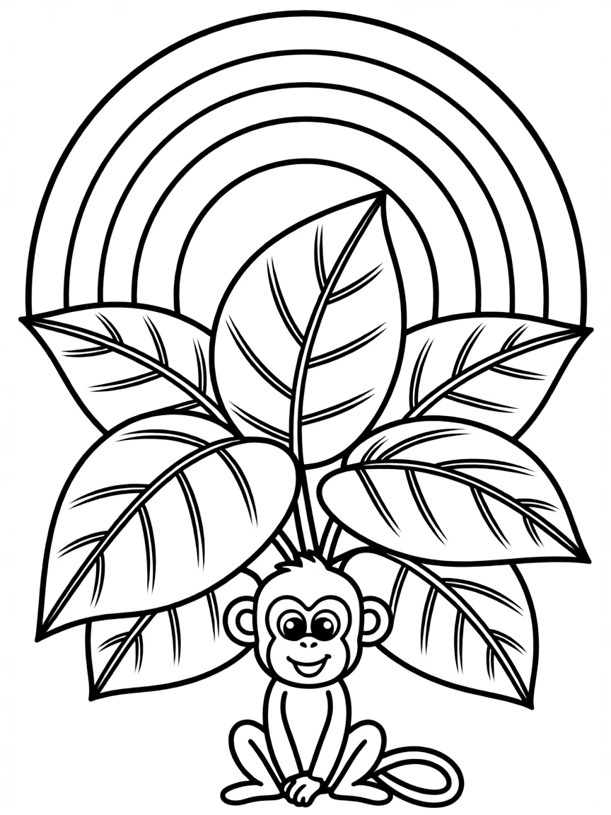 A jungle shrub with giant leaves and a monkey under a rainbow under a rainbow under a rainbow