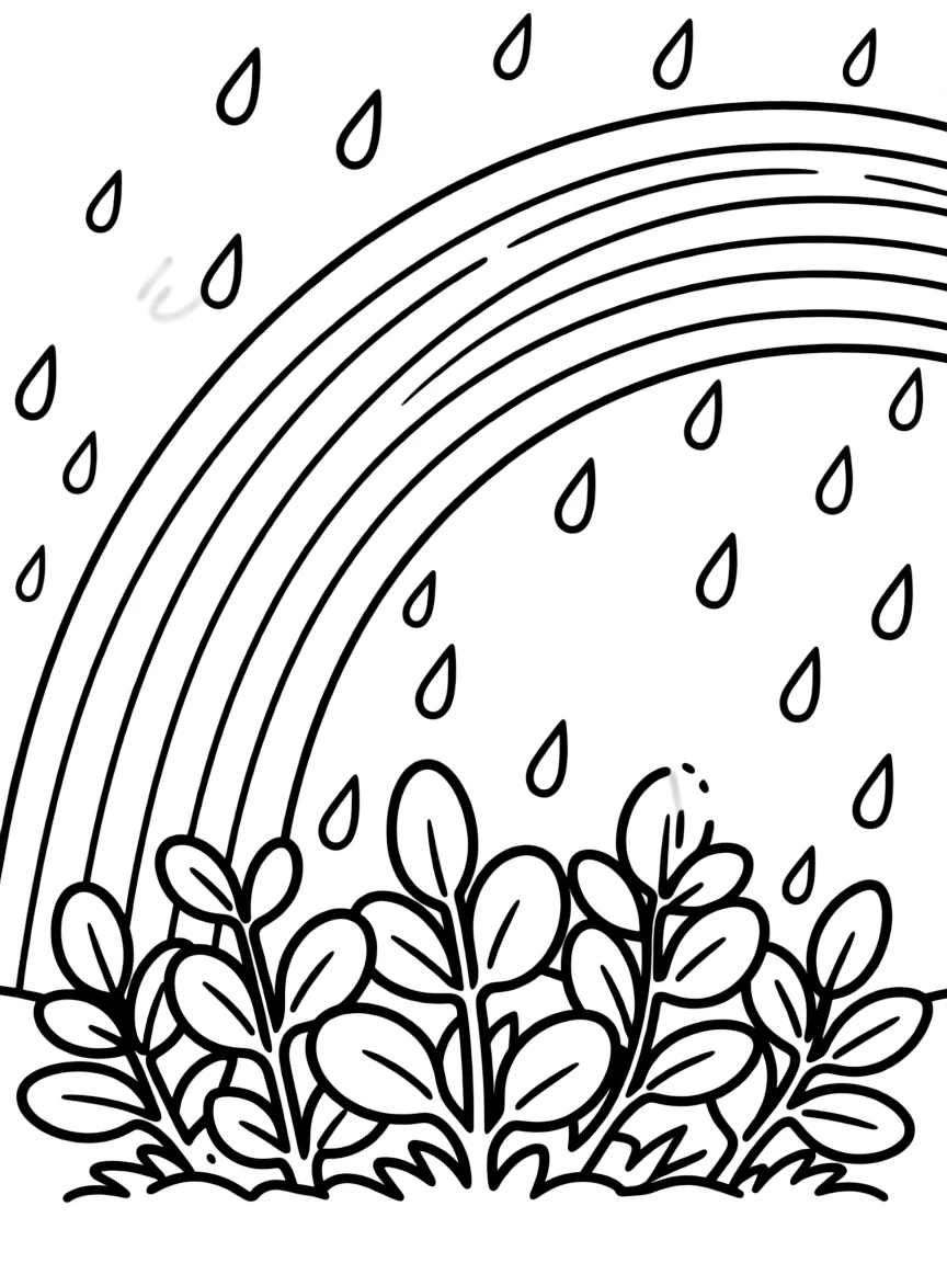 A scene of rain falling on a group of shrubs under a rainbow under a rainbow