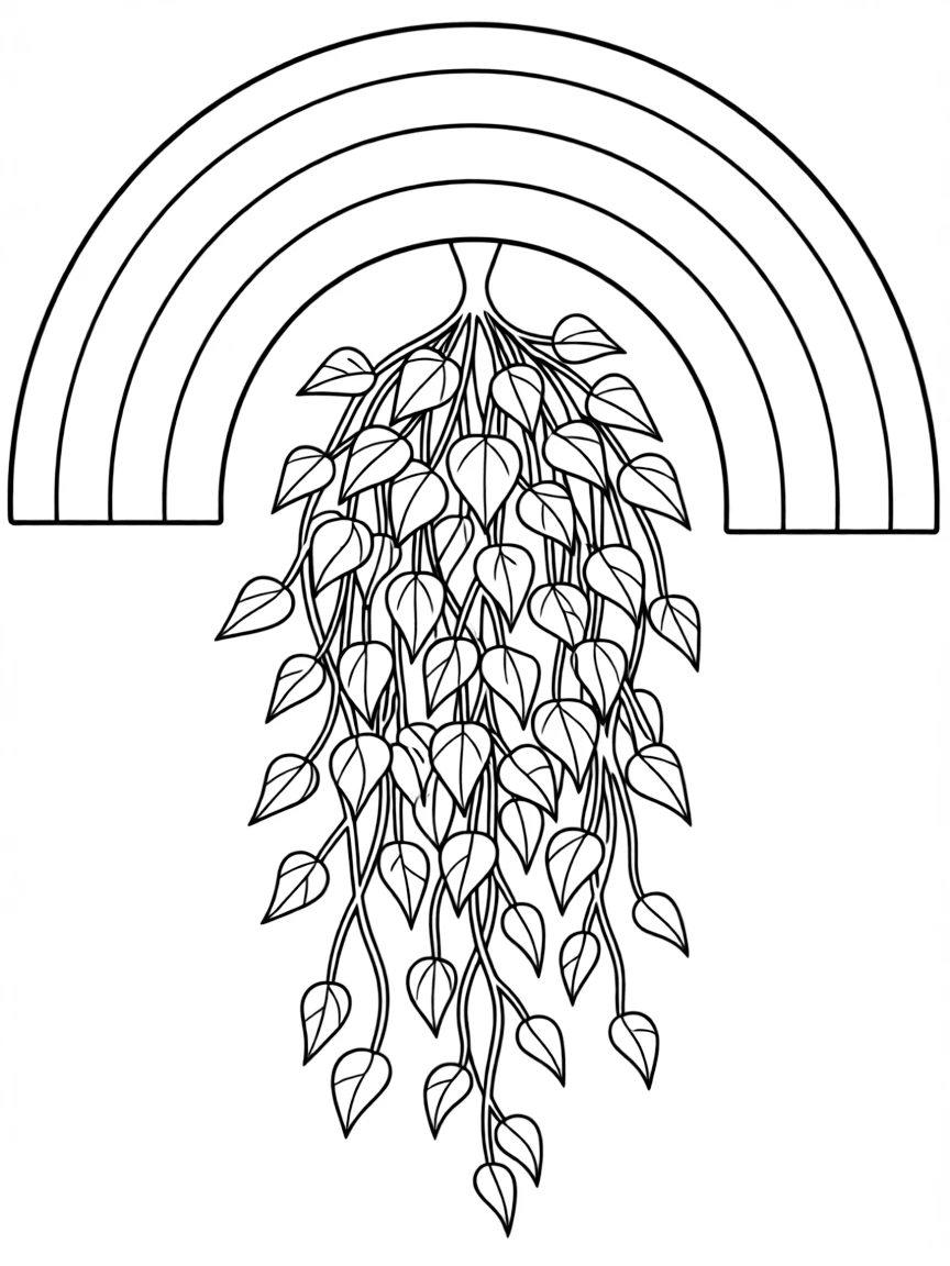 A hanging shrub with vines and leaves under a rainbow