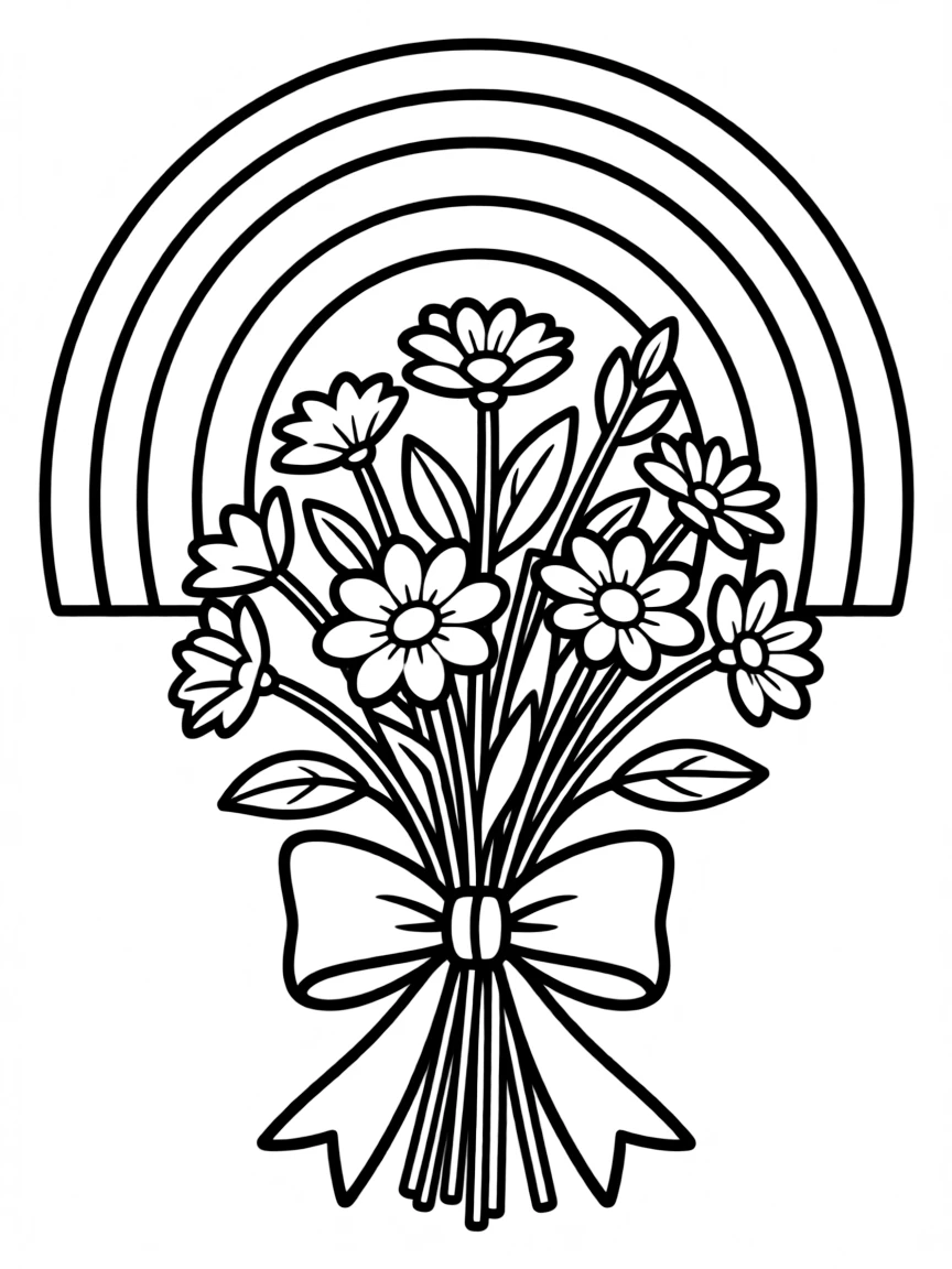 A bunch of wildblossoms tied with a bow under a rainbow