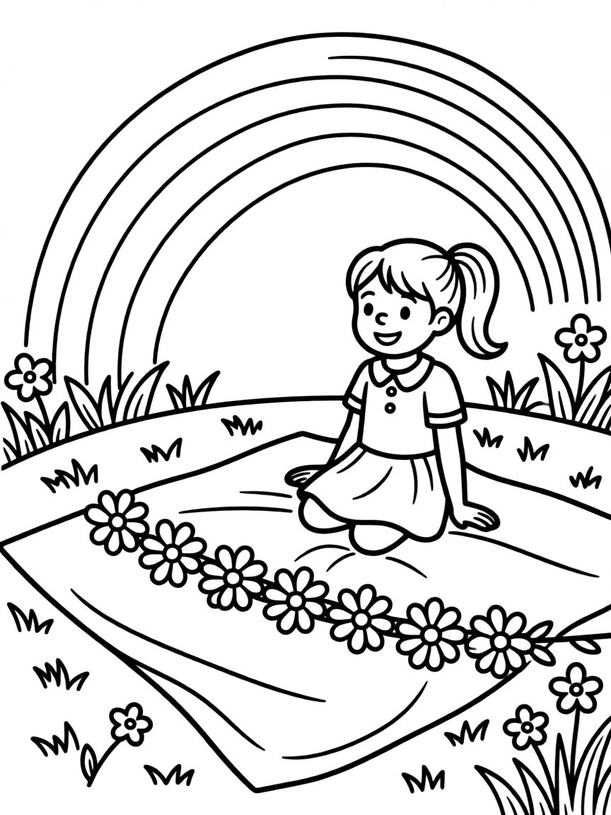 A daisy chain stretched across a picnic blanket under a rainbow