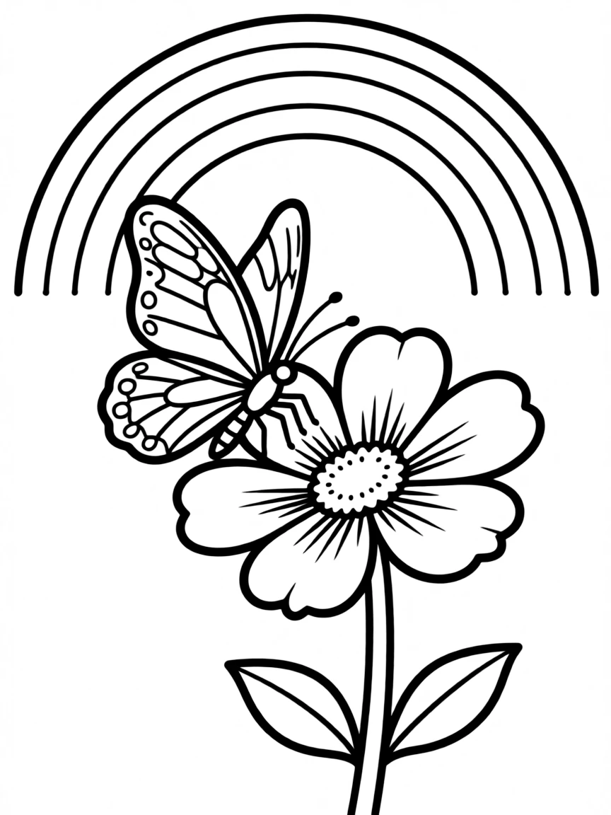 A butterfly landing on a blossom in bloom under a rainbow