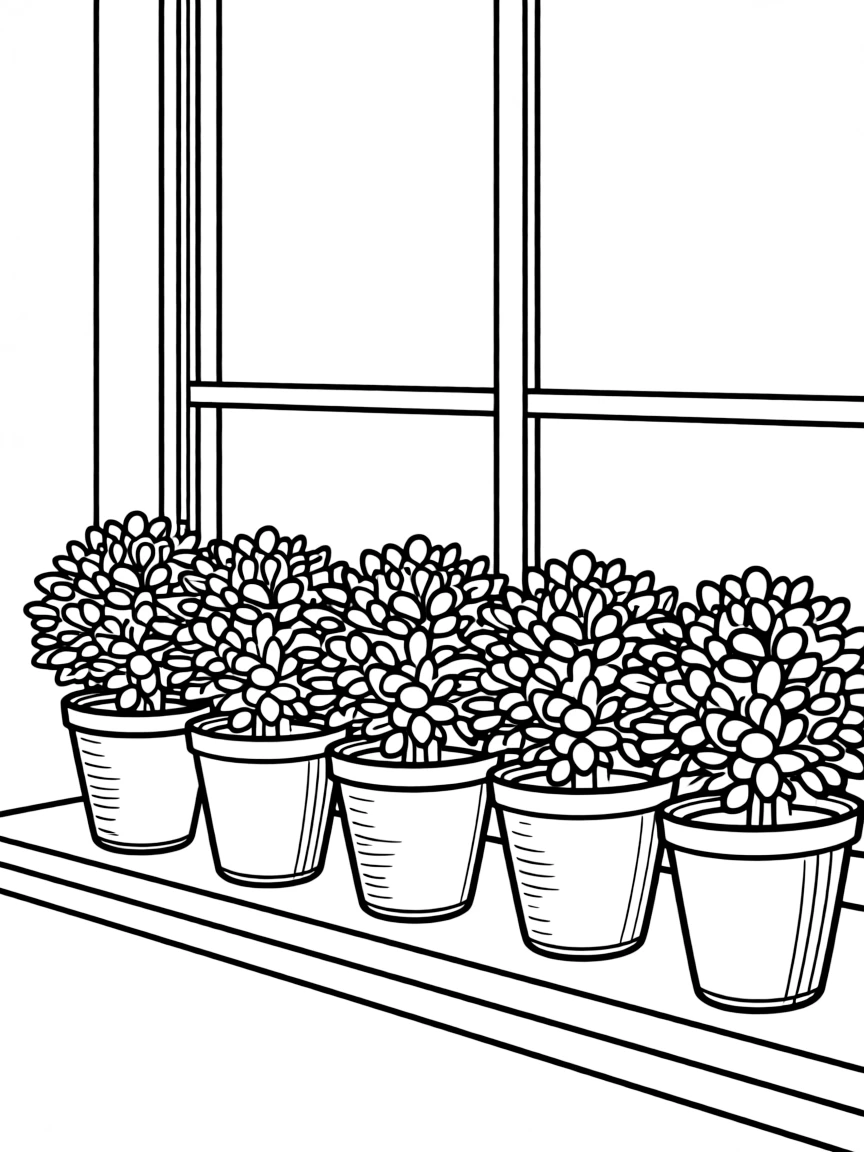 A row of potted houseshrubs on a windowsill