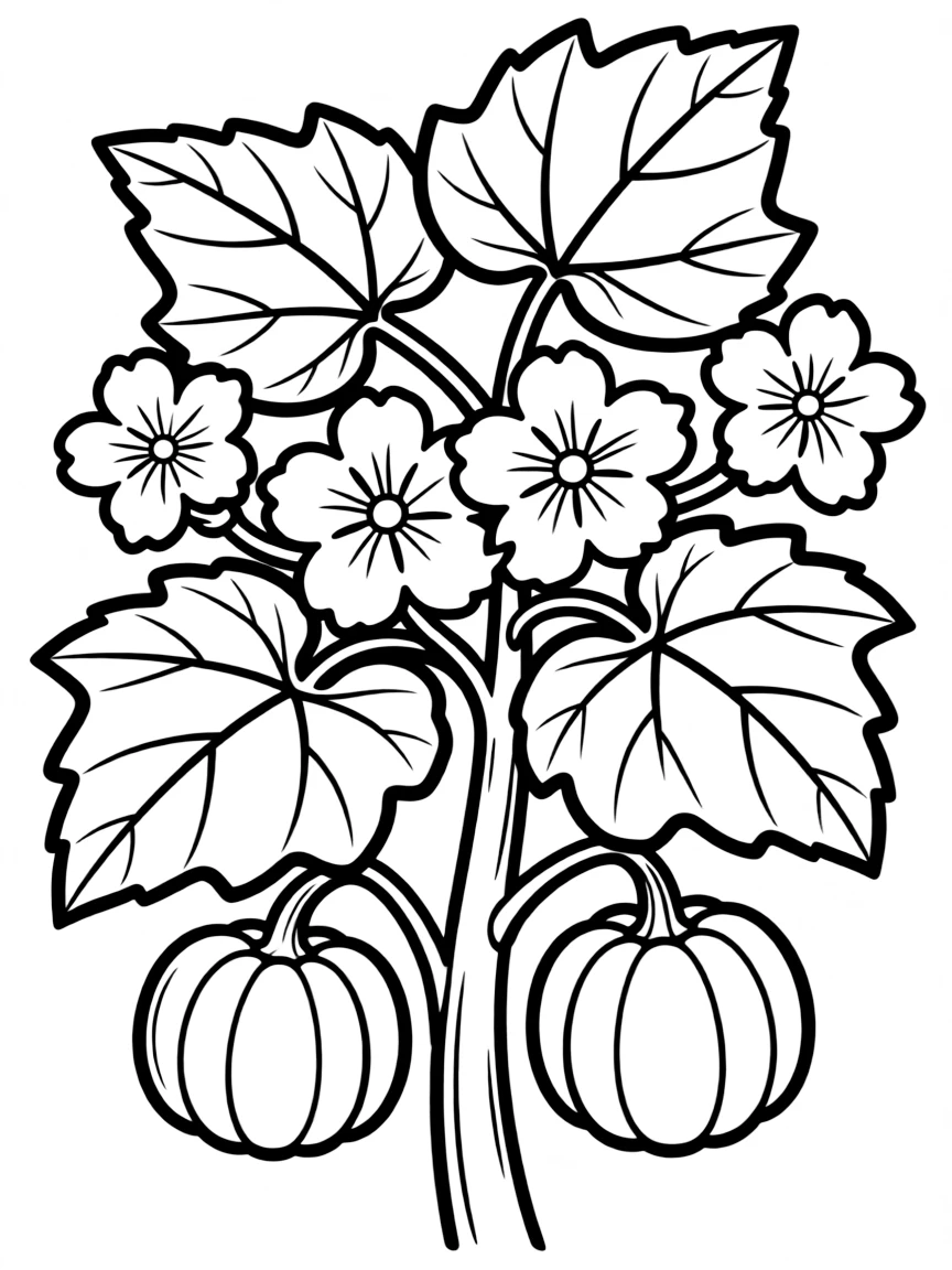 A pumpkin shrub with big leaves and blossoms