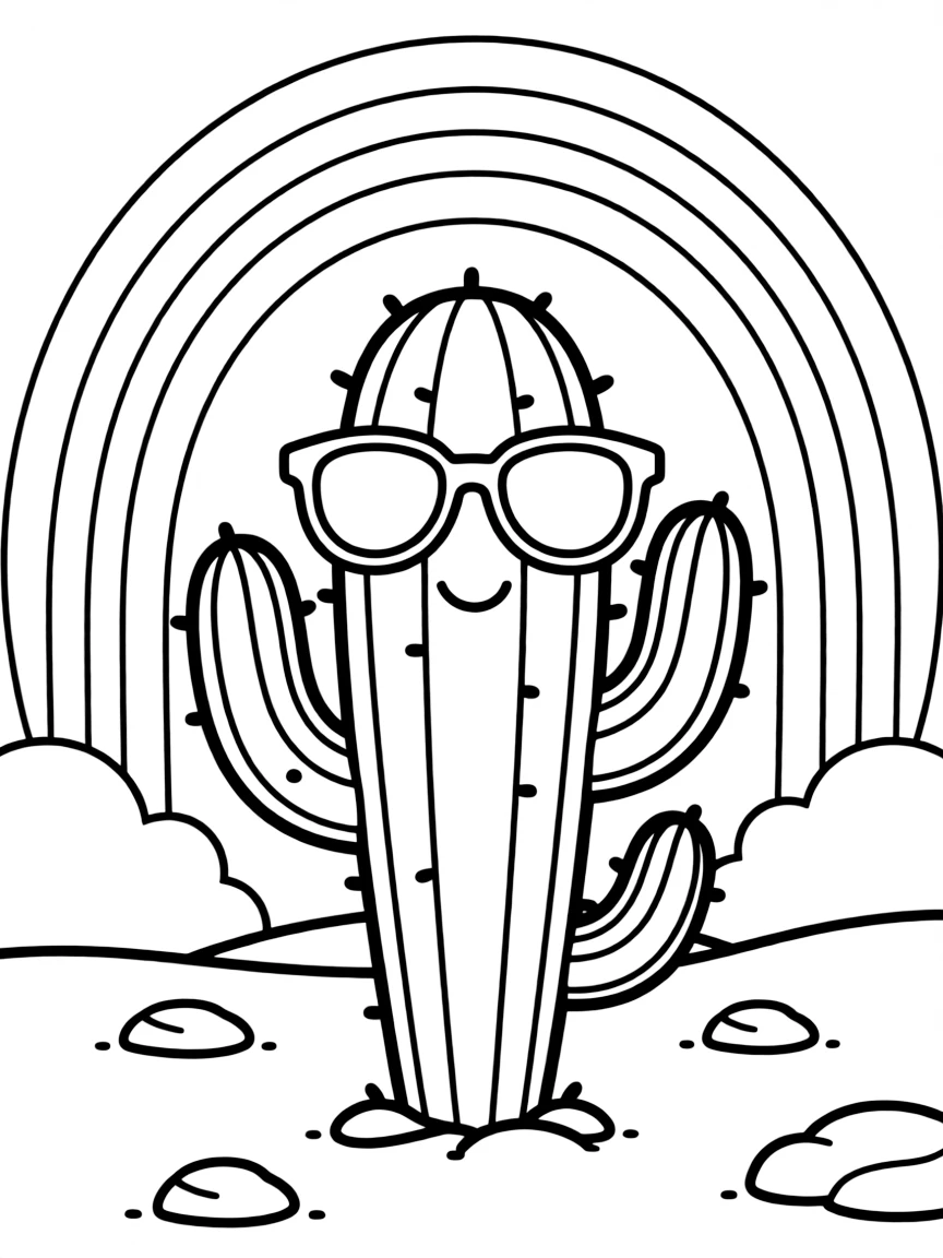 A cactus wearing sunglasses in the desert under a rainbow