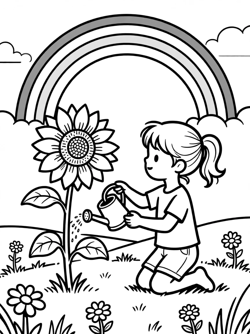 A child watering a sunblossom in the meadow under a rainbow