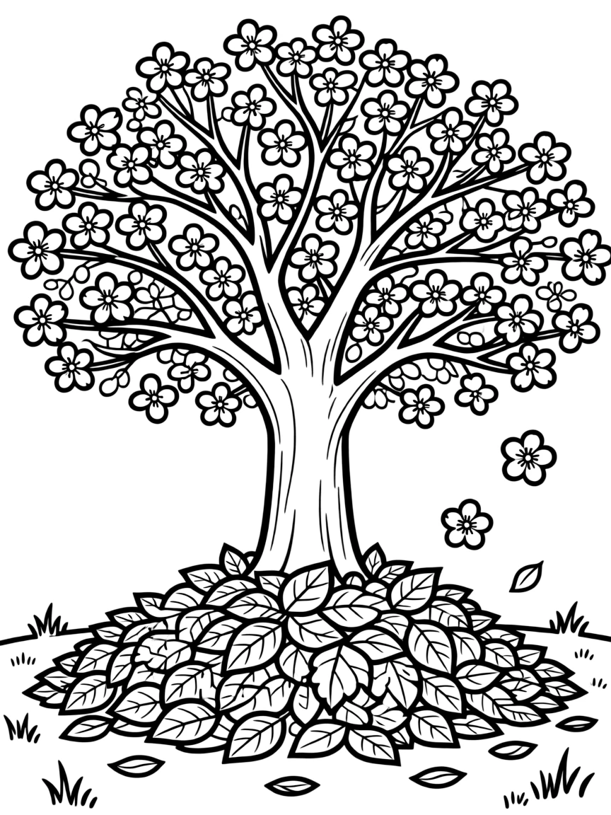 A leaf pile under a tree with blossoms nearby
