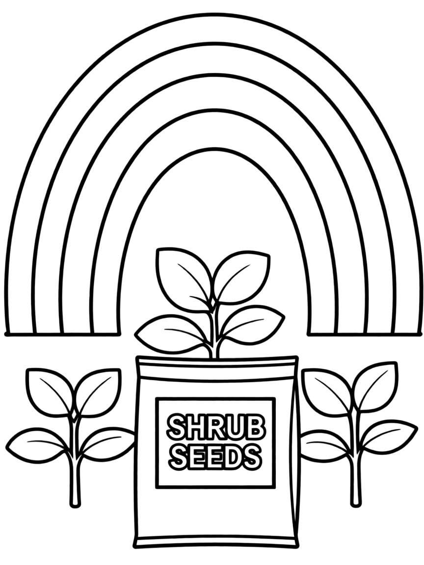 A seed packet with shrubs growing around it under a rainbow