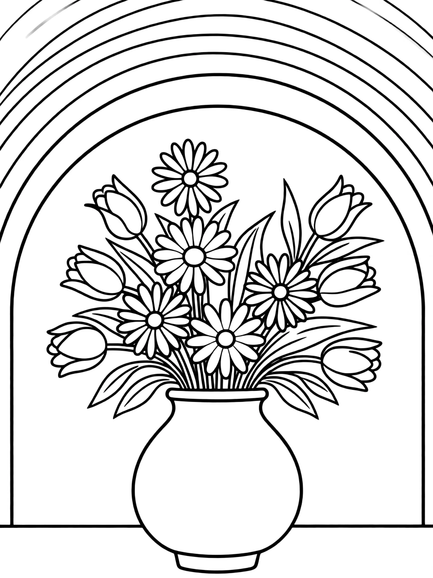 A bouquet in a vase with various blossoms under a rainbow under a rainbow under a rainbow