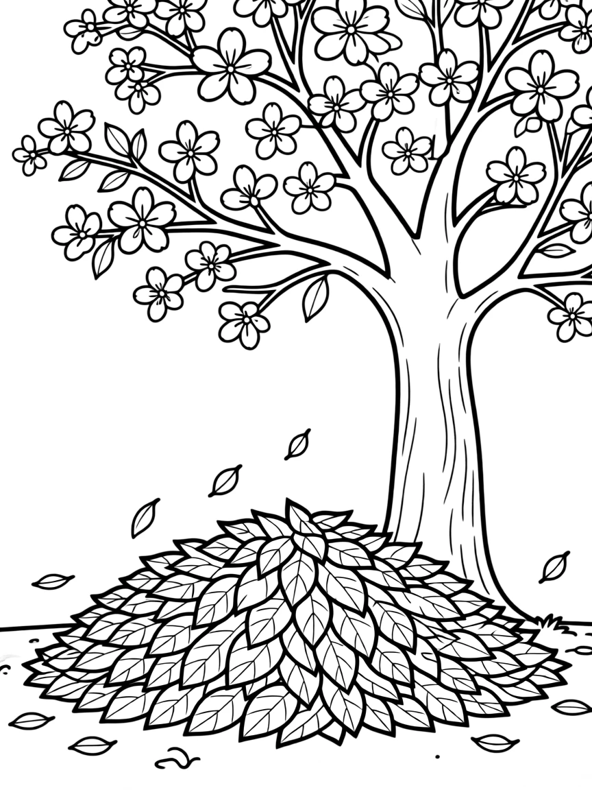 A leaf pile under a tree with blossoms nearby