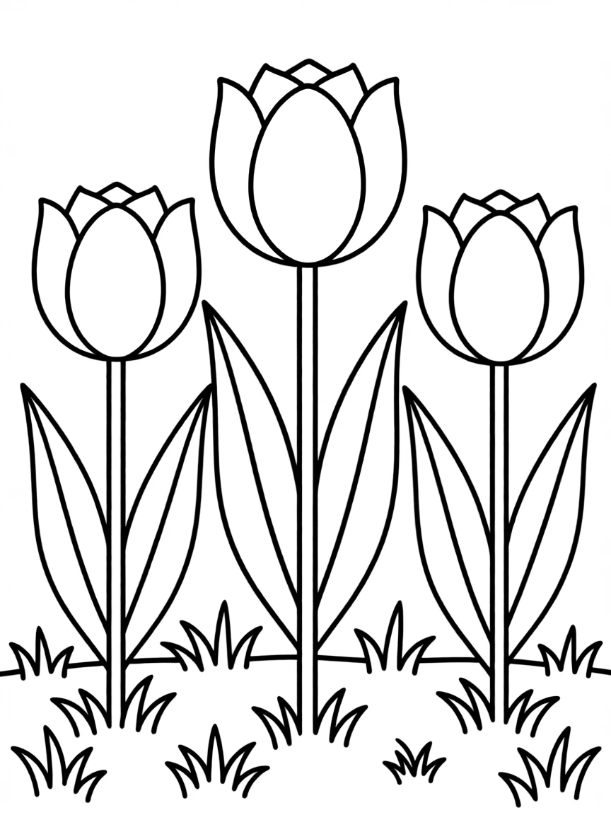 A meadow with three tulips in different colors, each with big leaves