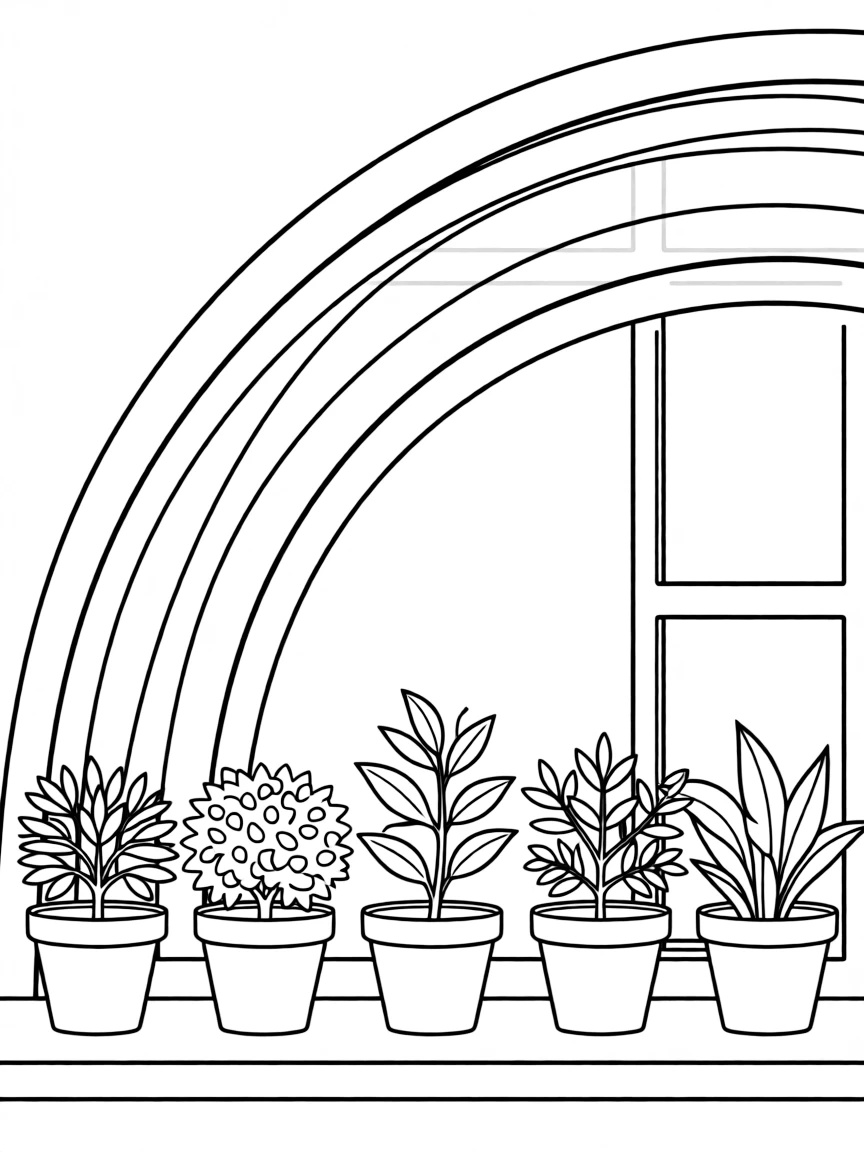 A row of potted houseshrubs on a windowsill under a rainbow