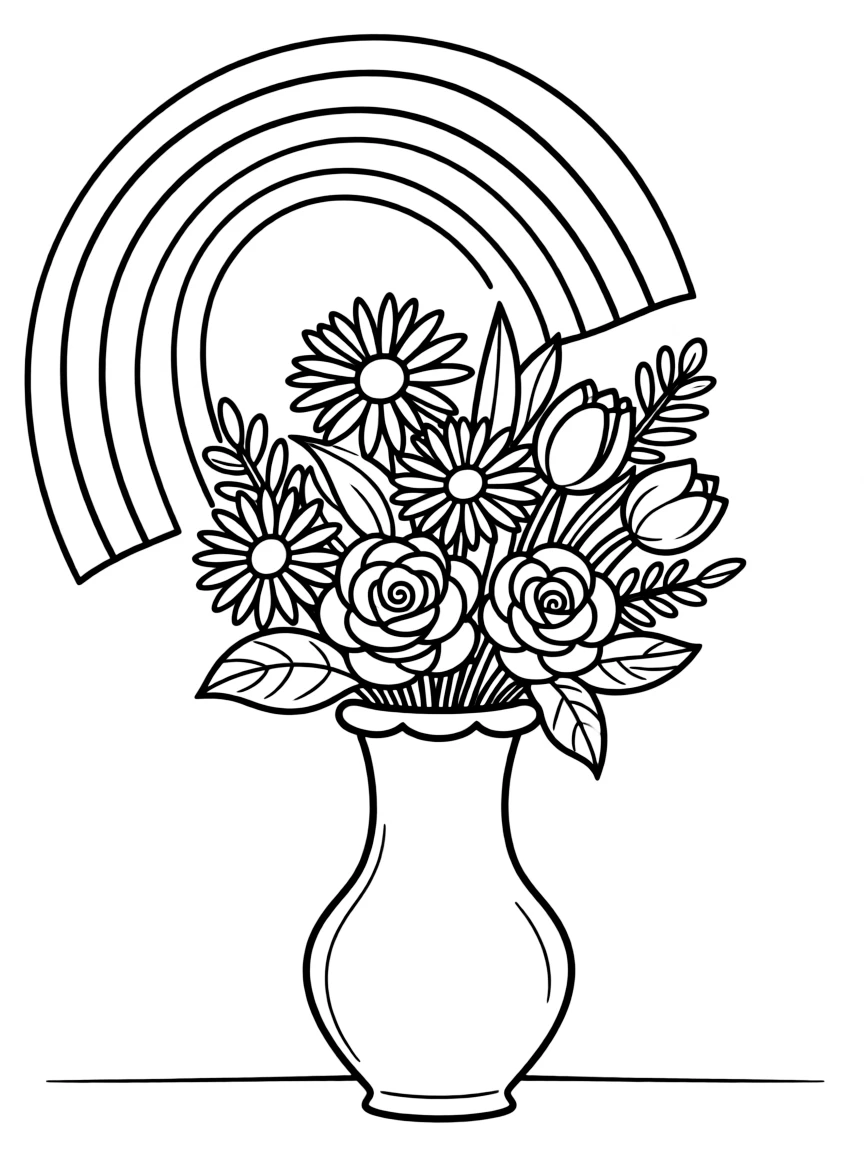A bouquet in a vase with various blossoms under a rainbow under a rainbow