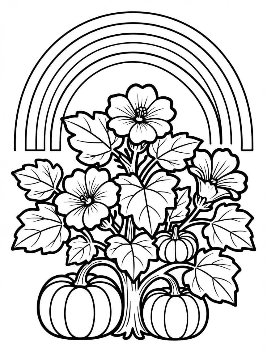 A pumpkin shrub with big leaves and blossoms under a rainbow under a rainbow